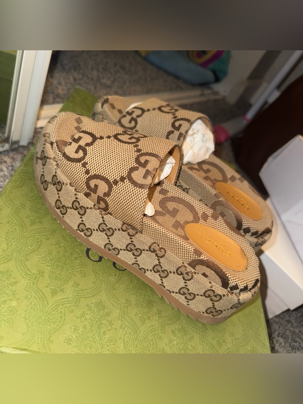 Gucci Beige GG Canvas Womens Slide Sandals